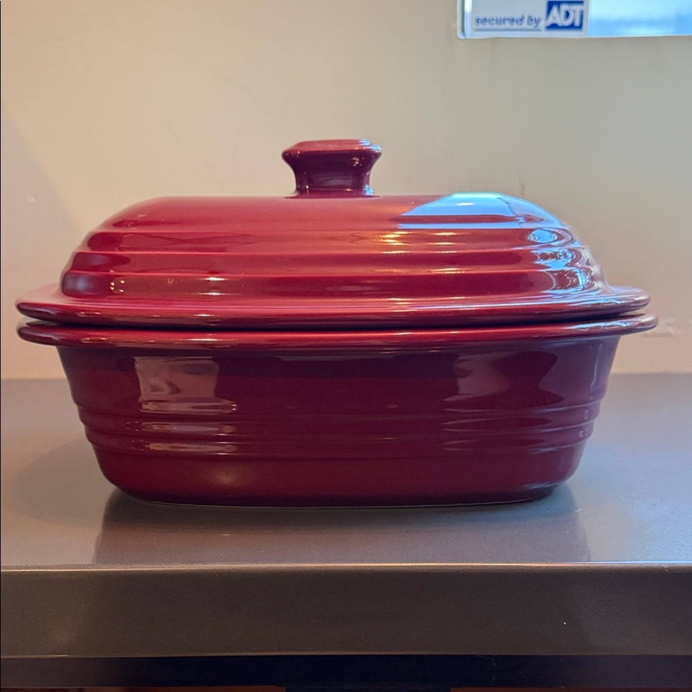 Covered Stoneware Baker in cranberry red
